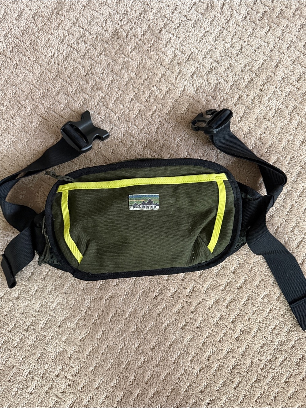 Patagonia Olive Waist Pack with Neon Yellow Trim